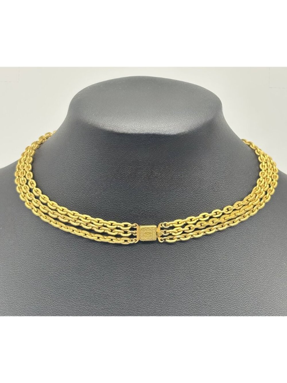 Vintage Triple Strand Choker Gold Plated Textured Brass Links Embossed Box Clasp - Picture 5 of 14